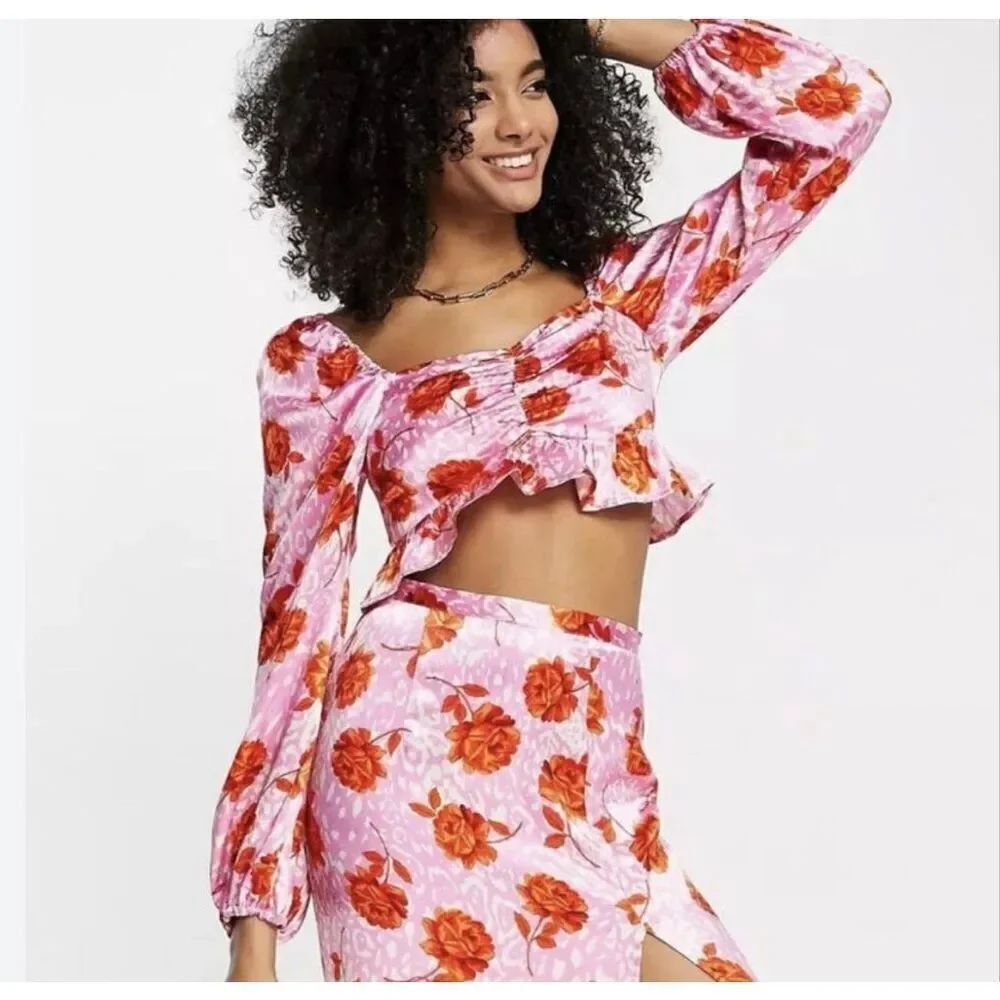 Topshop Rose Animal Print Satin Long Sleeve Crop Top Pink Size 6